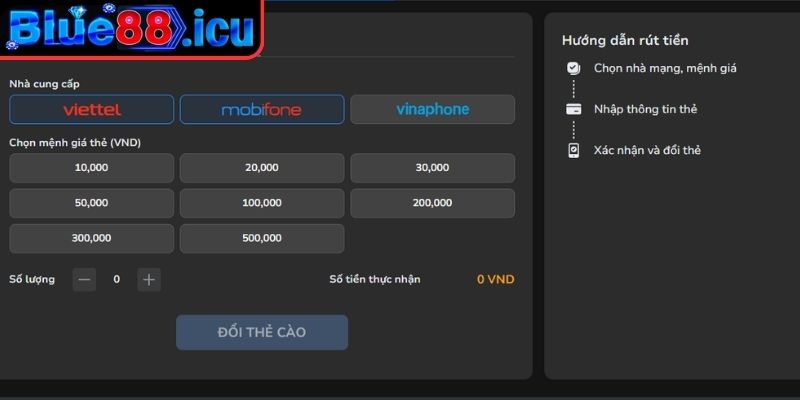 Rút Tiền Blue88 - Hướng Dẫn Chi Tiết, An Toàn Và Nhanh Nhất 1 Bằng thẻ cào di động